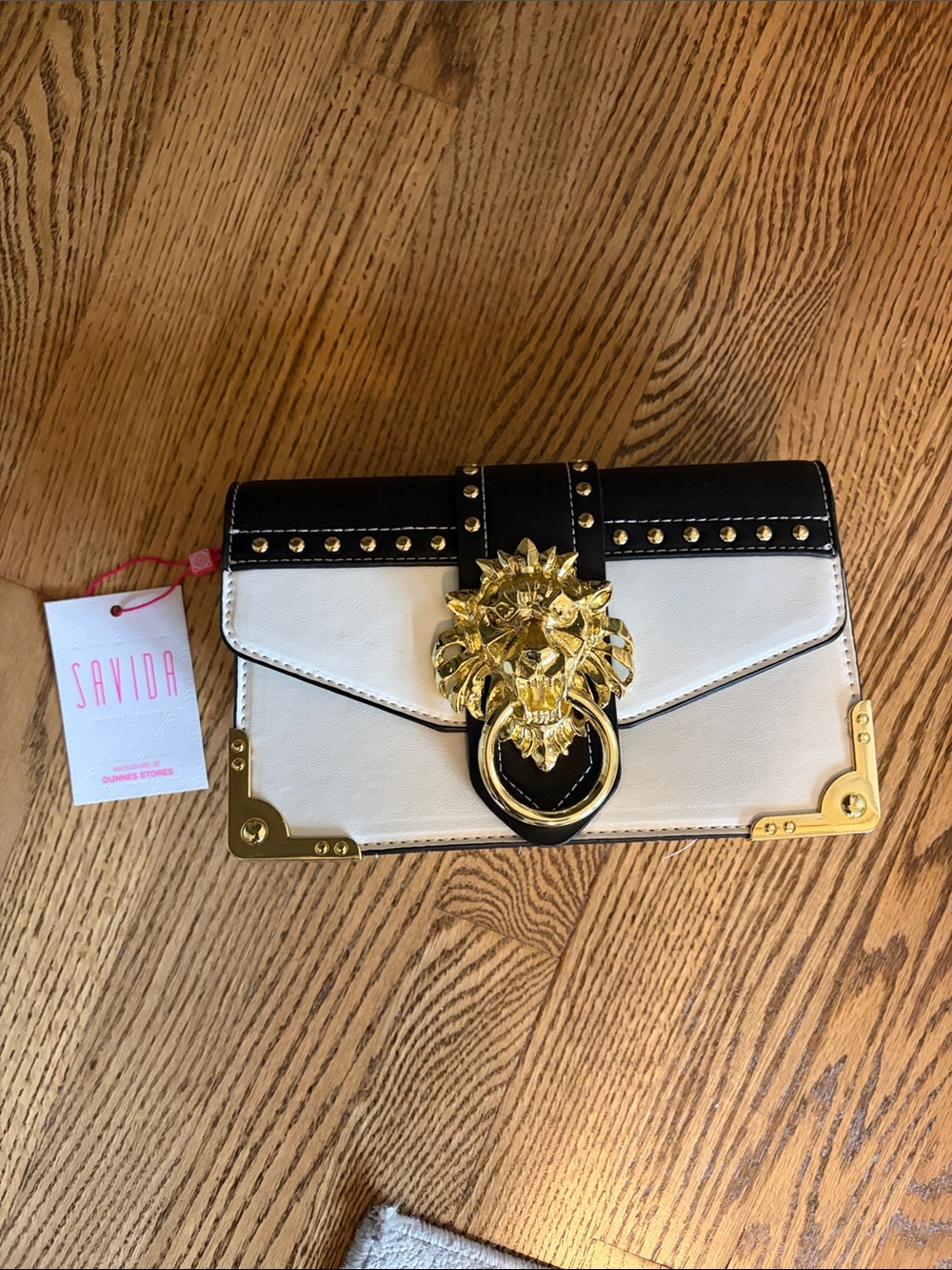 VIDA Black & White Lion Head Clutch with Gold Hardware